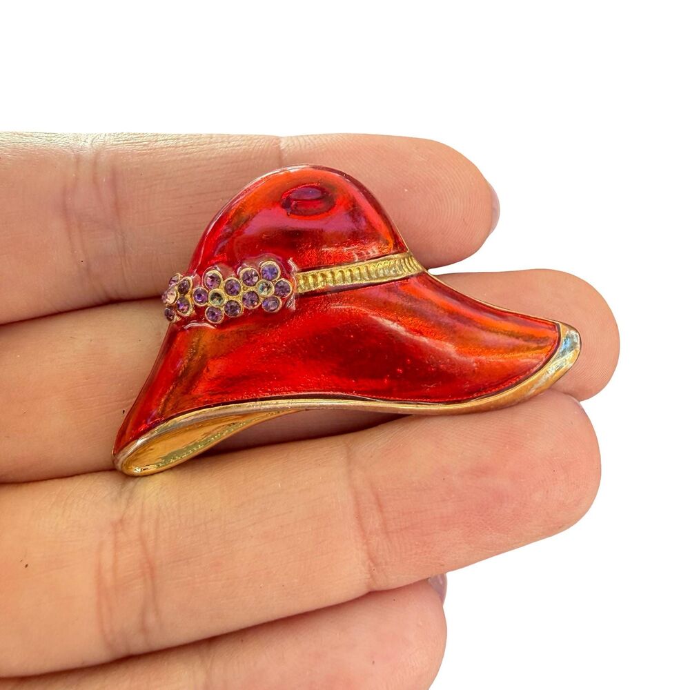 Vintage Red Hat Brooch with Purple Rhinestones Pin
